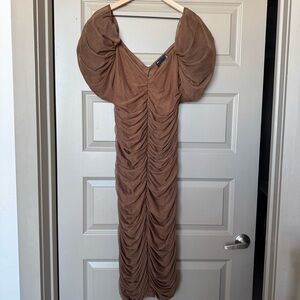 ASOS DESIGN curve mesh ruched tulle midi dress with puff sleeve, size 16